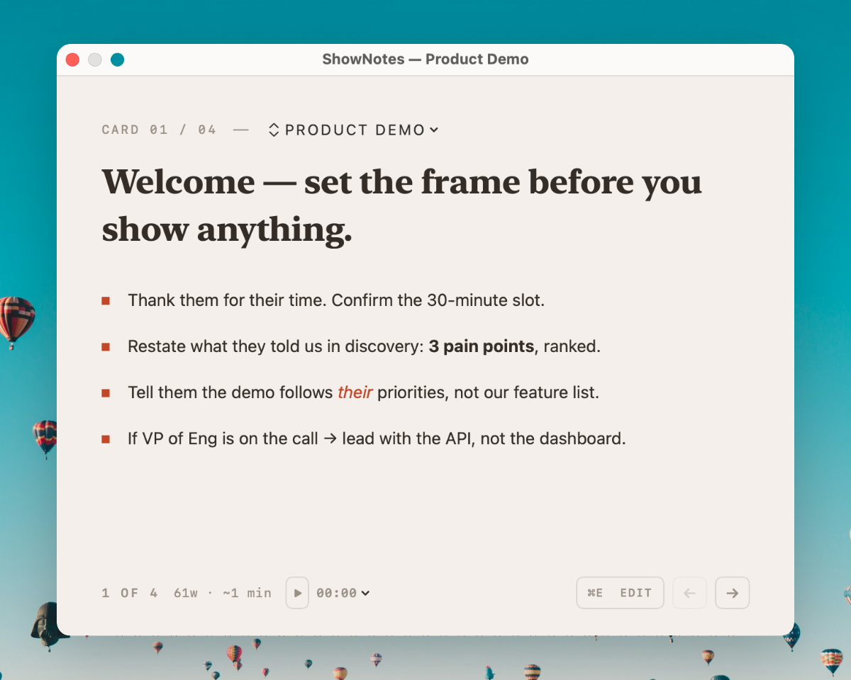 ShowNotes app window with sales engineer demo cue cards
